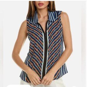 CAbi Floral and Chevron Striped Sleeveless Collard Zipper Front Top 6318 Size L